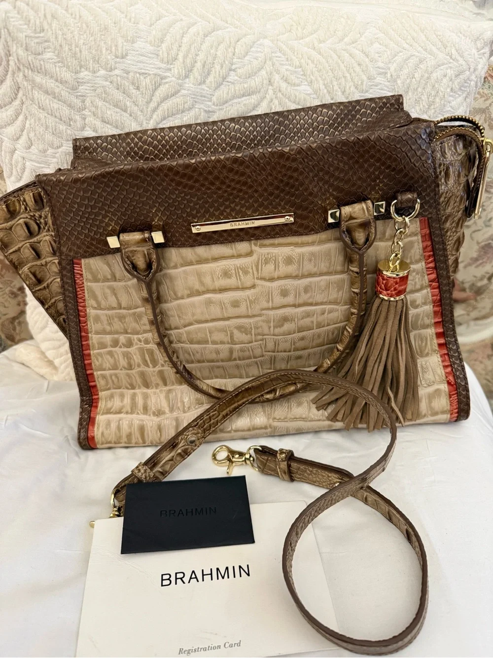 Croc-Embossed Tote in Beige and Brown with Red Trim